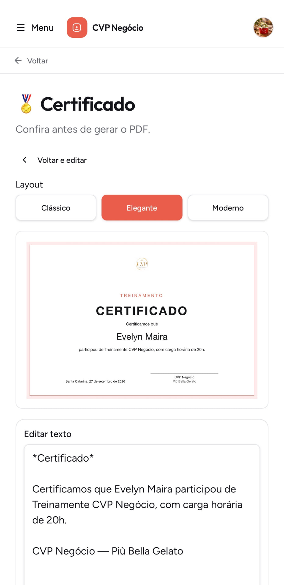 Certificado gerado no CVP Negócio
