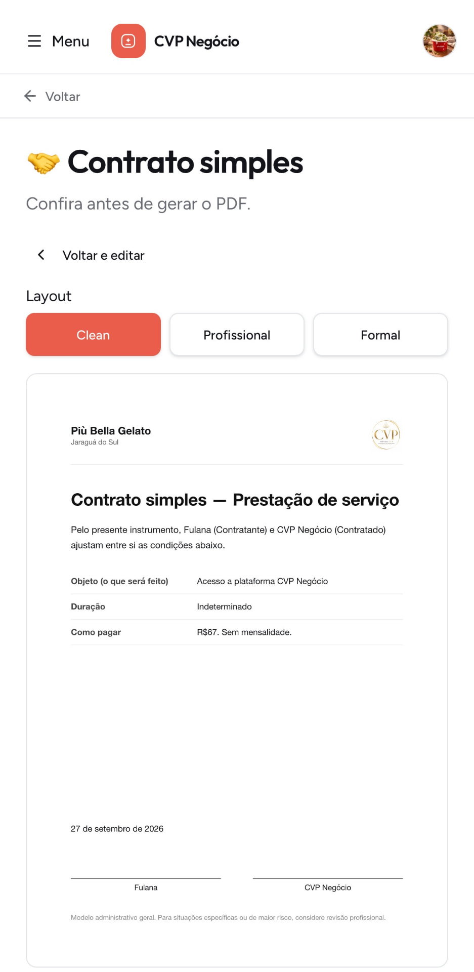 Contrato simples gerado no CVP Negócio