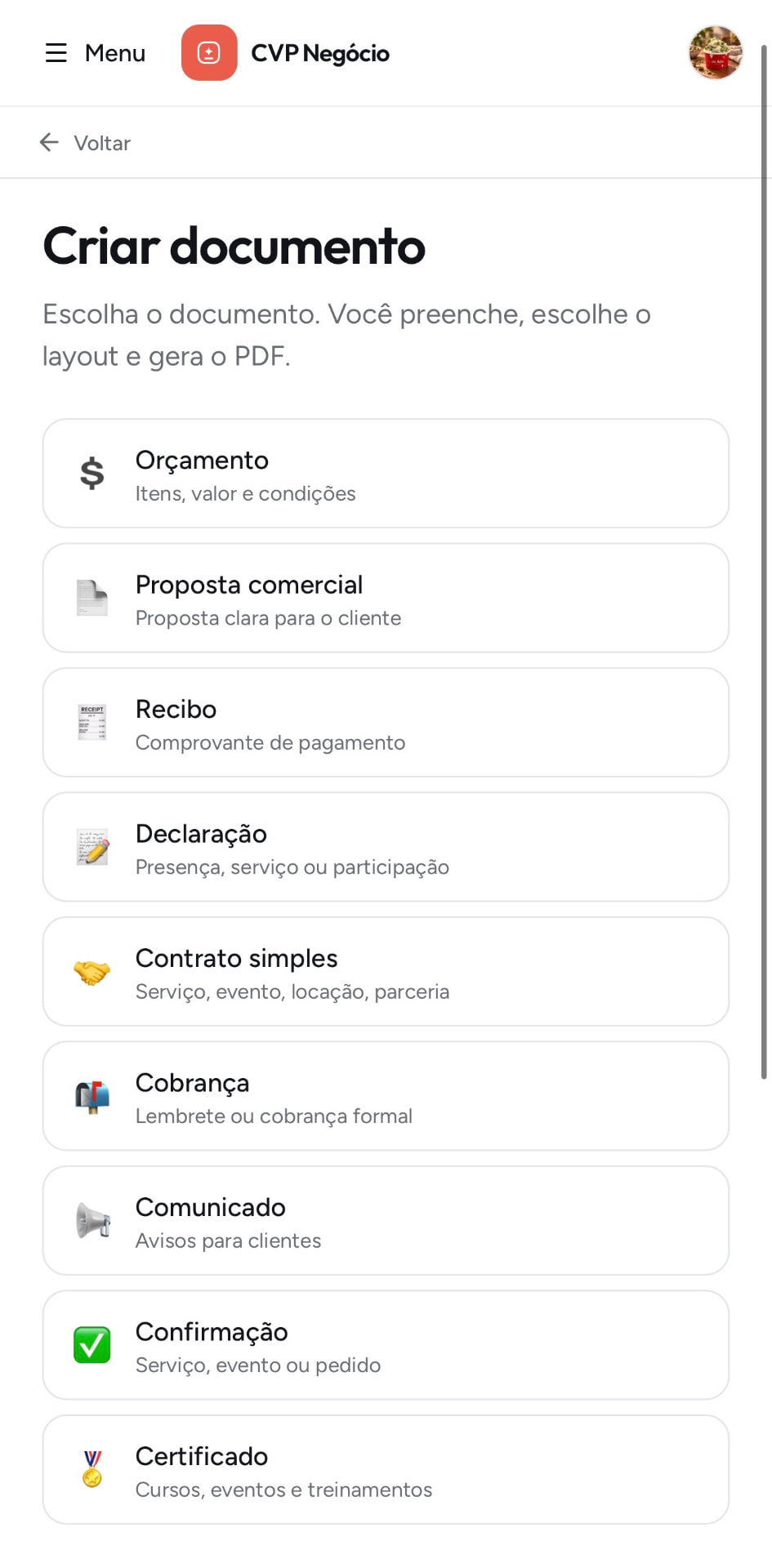 Tela Criar documento do CVP Negócio