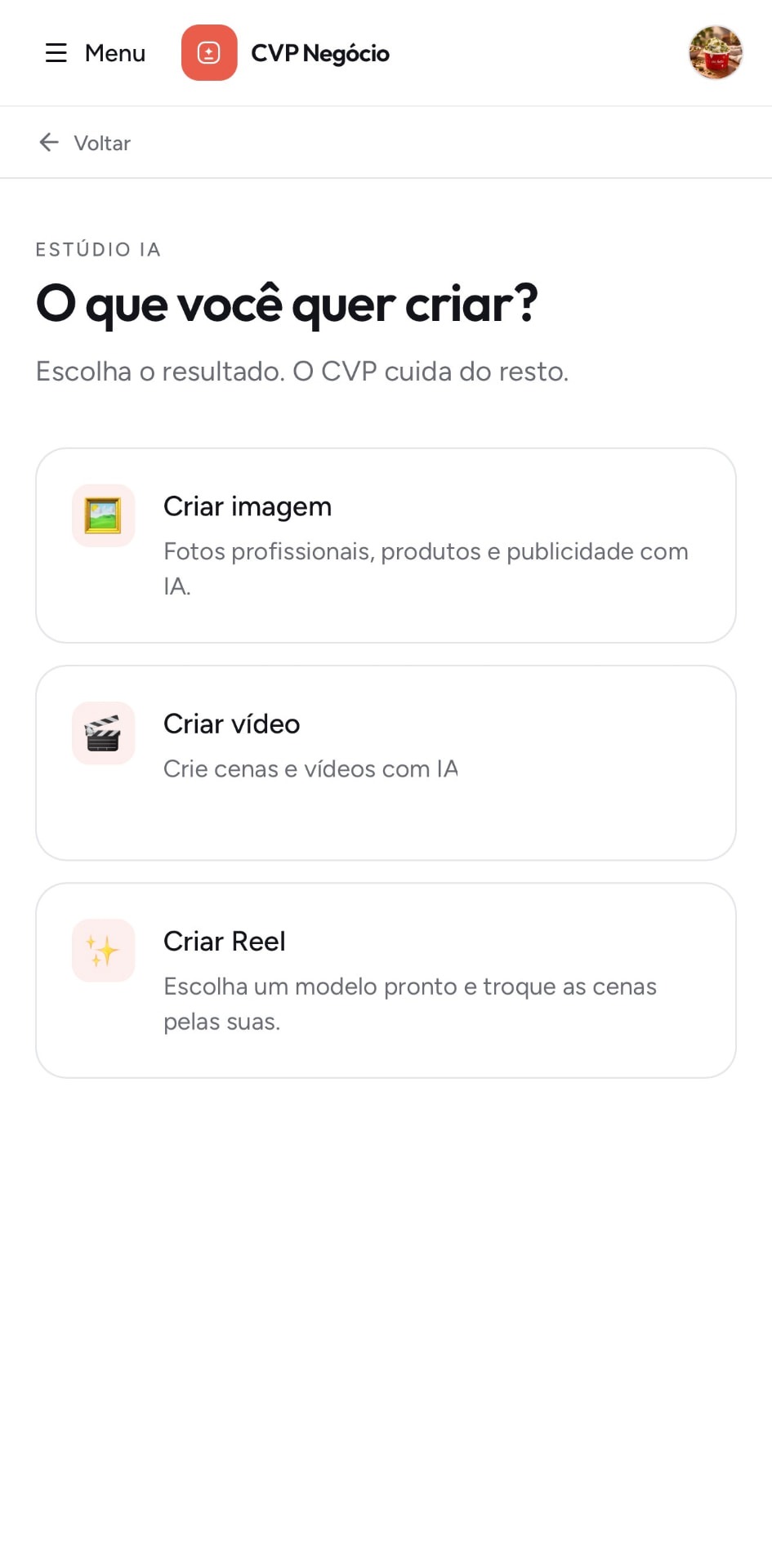 Estúdio IA do CVP Negócio para criar imagens, vídeos e Reels