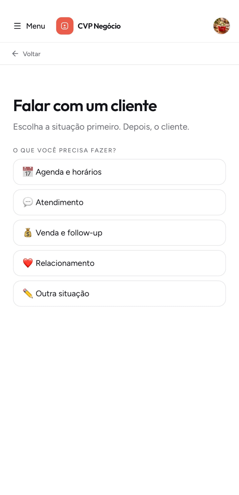 Tela Falar com um cliente do CVP Negócio