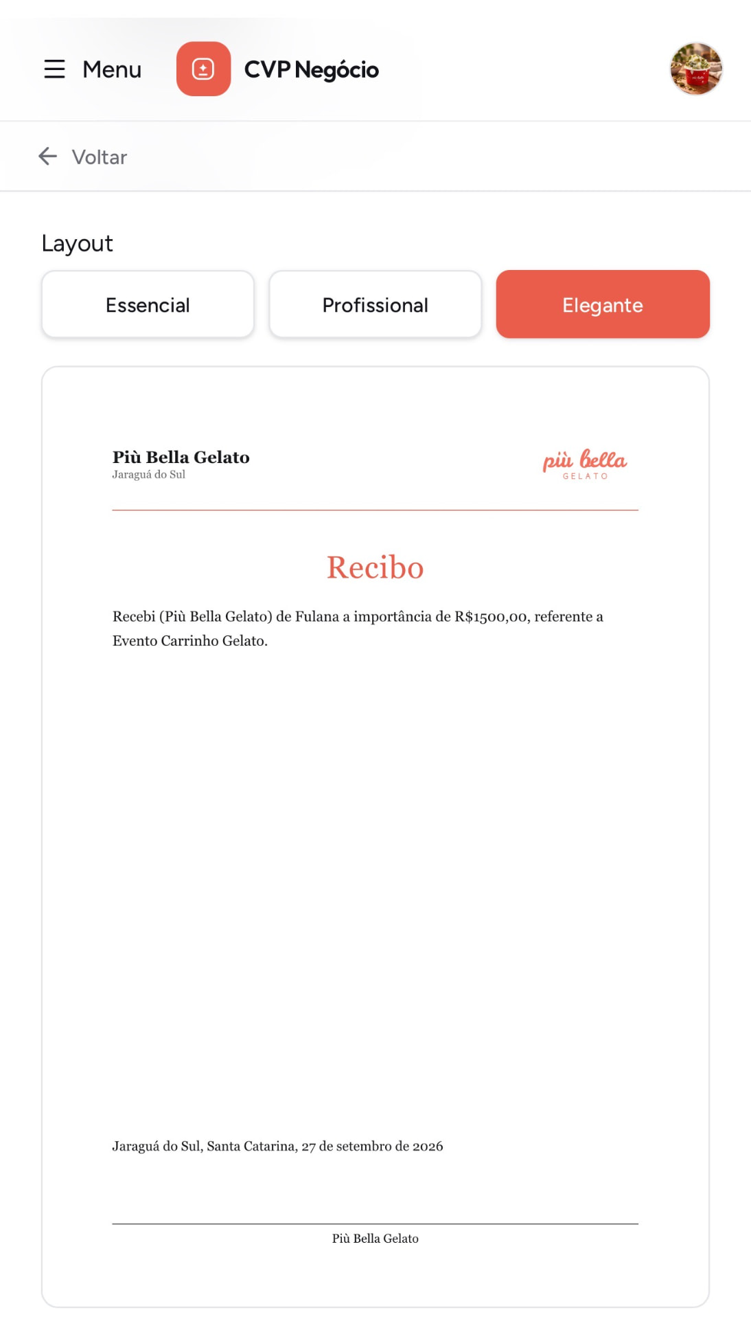 Recibo gerado no CVP Negócio com visual elegante