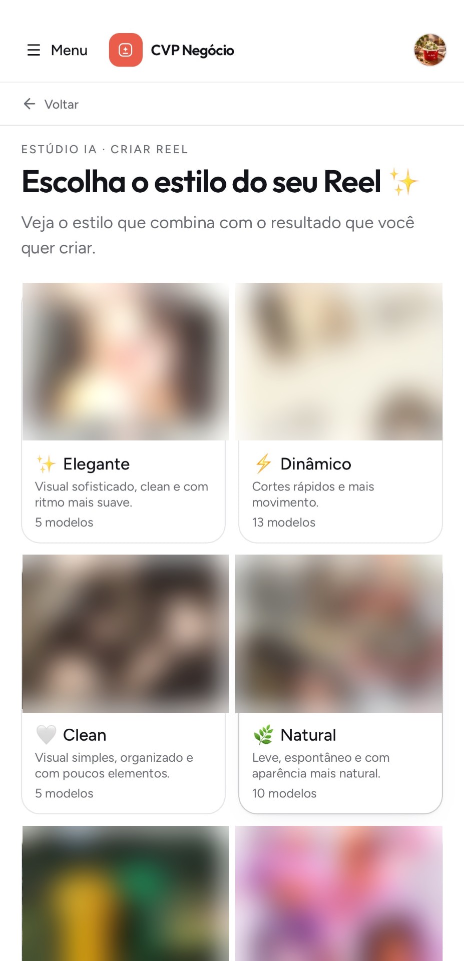 Tela do CVP Negócio para escolher o estilo do seu Reel